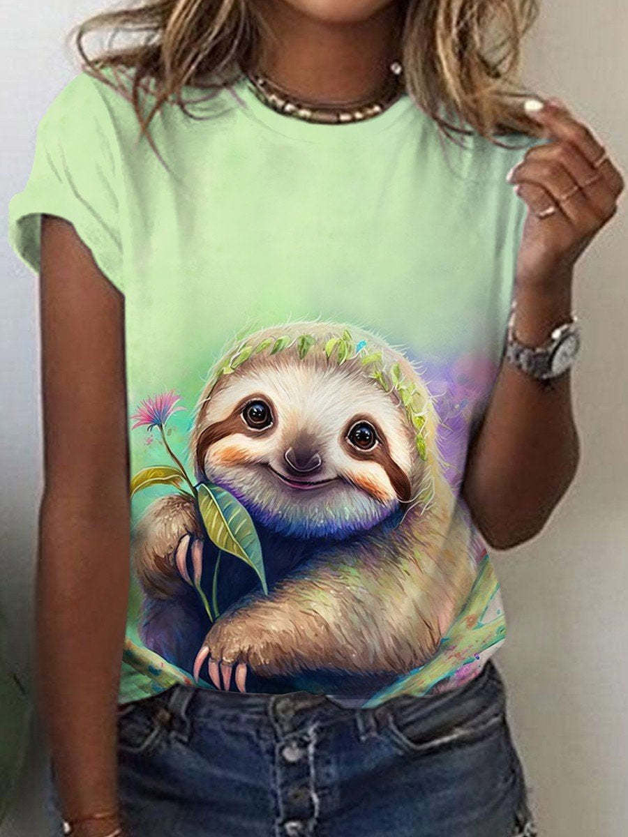 Cute Owl Pattern 3D Printed Round Neck Short Sleeve