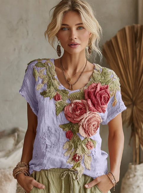 Women's Vintage Floral Art Linen Crew Neck T-shirt