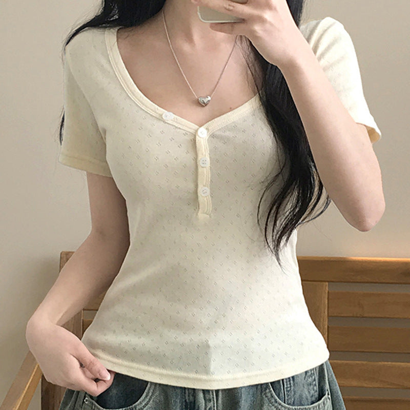 Texture Sense V-neck Double-breasted Short Sleeve Slim Fit Slimming T-shirt Women's Summer