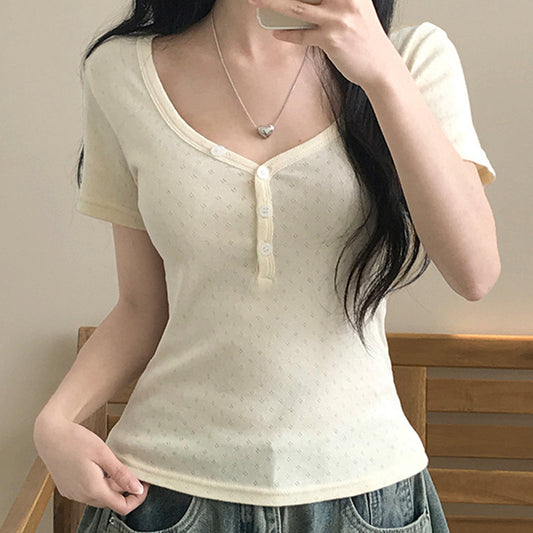 Texture Sense V-neck Double-breasted Short Sleeve Slim Fit Slimming T-shirt Women's Summer