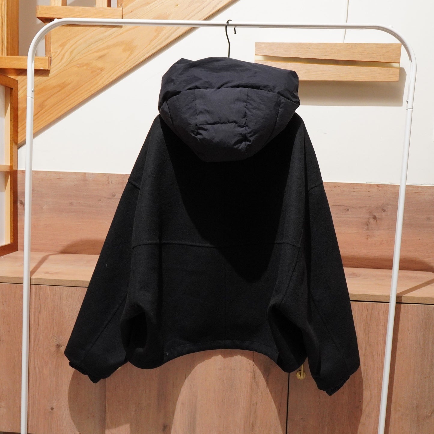 Patchwork Hooded Short Woolen Fashion Black Coat