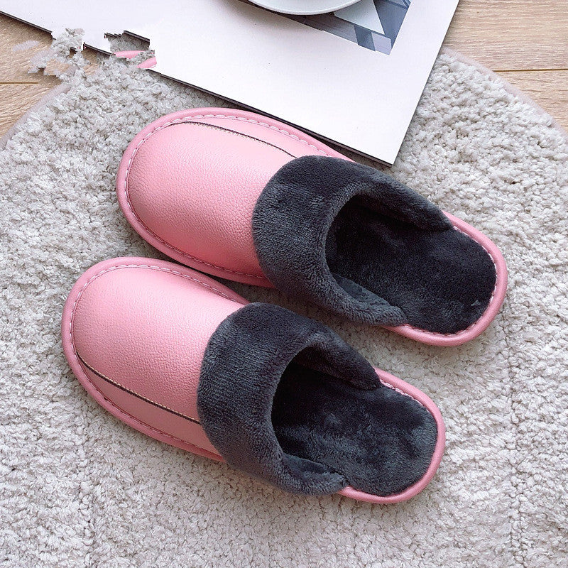 Genuine Leather Surface Cotton Home Waterproof Thick Bottom Plush Warm Slippers