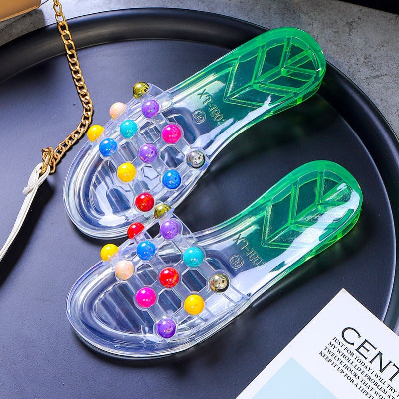 Women's Summer Crystal Pearl Outer Wear Soft Bottom Transparent Beach Shoes