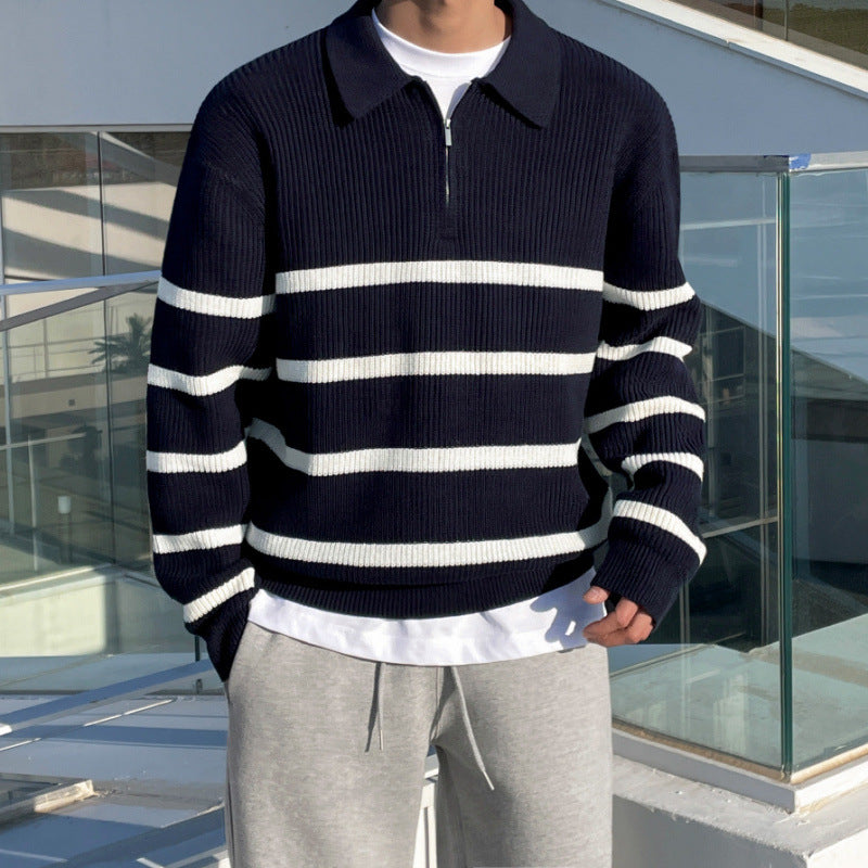 Half Zipper Contrast Color Knitwear Men's Loose Polo Collar Sweater