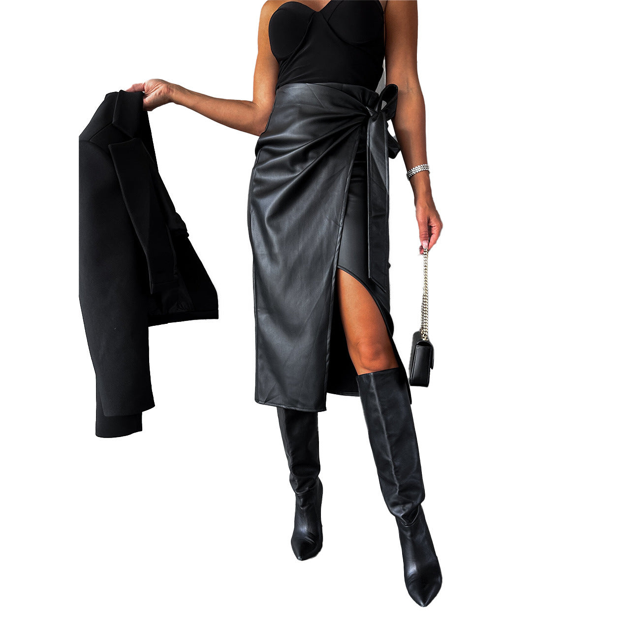 Split Lace-up High Waist Sexy Sheath Punk Leather Skirt