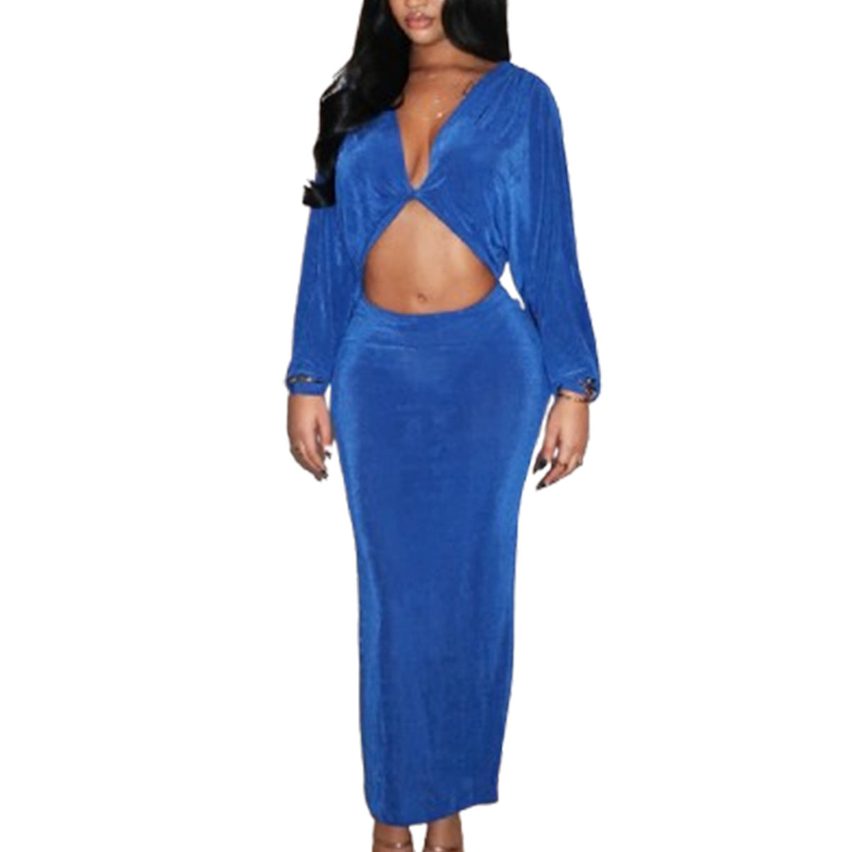 Midriff-baring Cutout Euro-American Style Long-Sleeve Dress