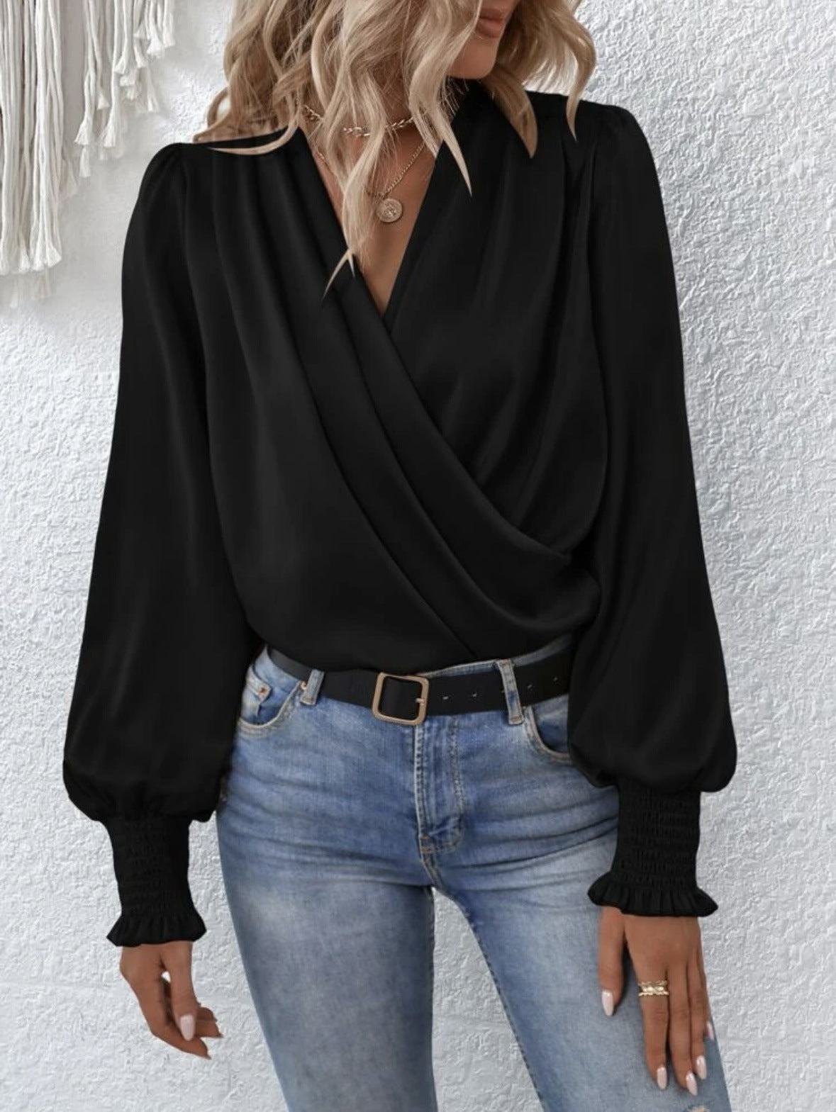V-neck Pleated Lantern-sleeve Solid-color Blouse For Womenelegant And Professional