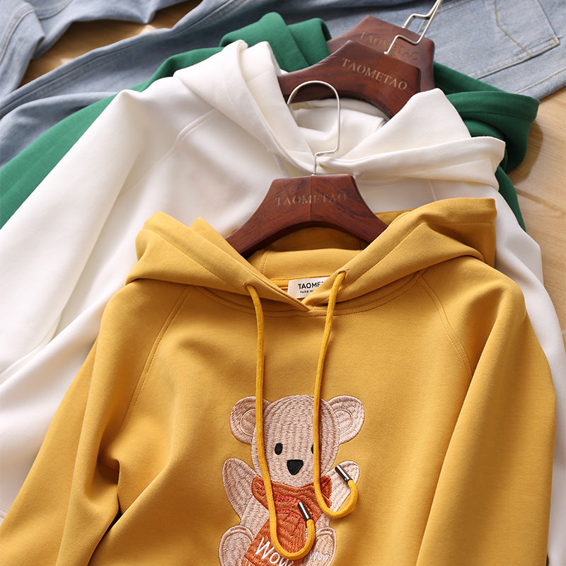 Women's Trendy Spring And Autumn Bear Embroidery Hooded Sweater