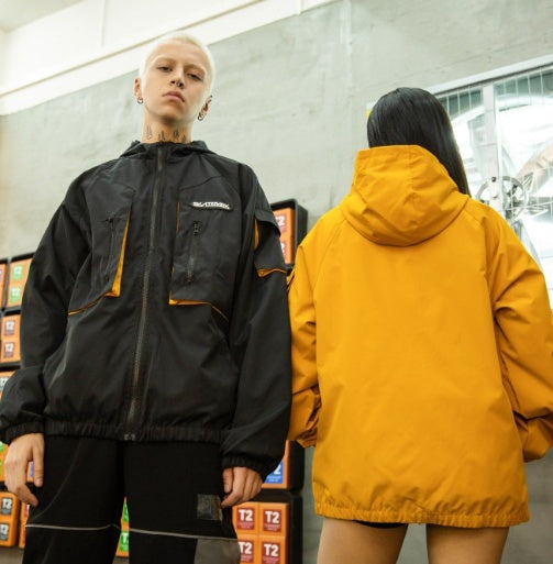 Hooded windbreaker jacket multi-bag tooling