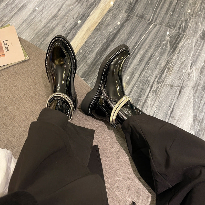 Black Patent Leather Pointed Toe Martin Boots Female British Style