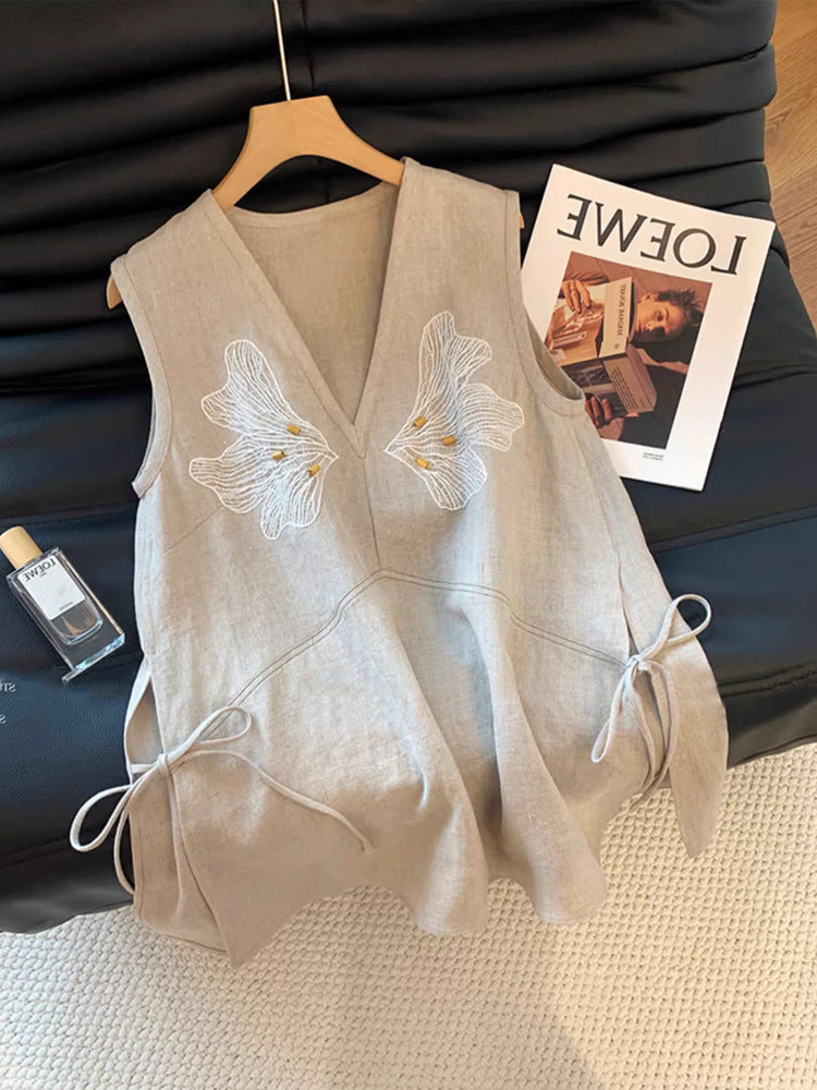 Laqian-stil broderet hørvest med V-udskæring til kvinder Sommer high-end alsidig løs slankende ærmeløs top