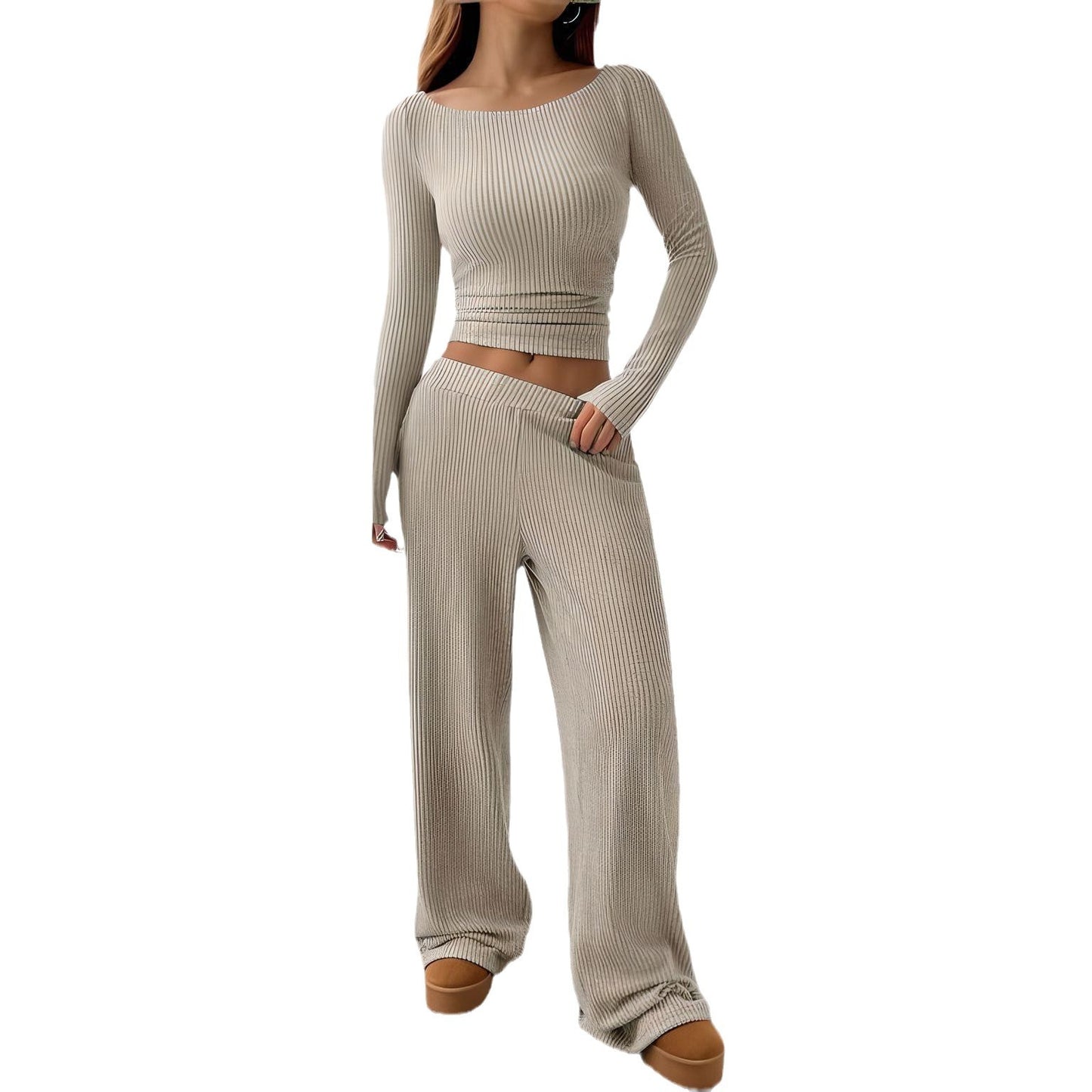 Striped Long-sleeve Boat-neck Top And Elastic-waist Wide-leg Pants Set