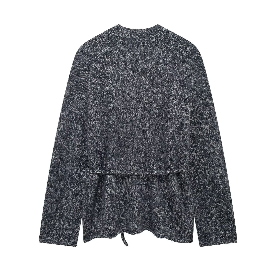 Women's Gray Drawstring Knitted Jacket Coat