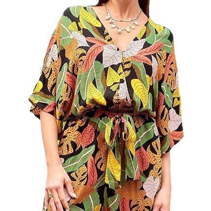 Women's V-neck Printed Lace-up Bat Jumpsuit