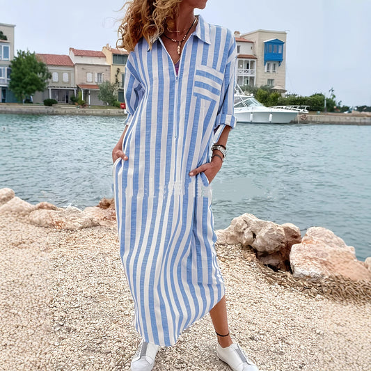 Cotton And Linen Breathable Casual Loose Striped Women's Short-sleeved Shirt