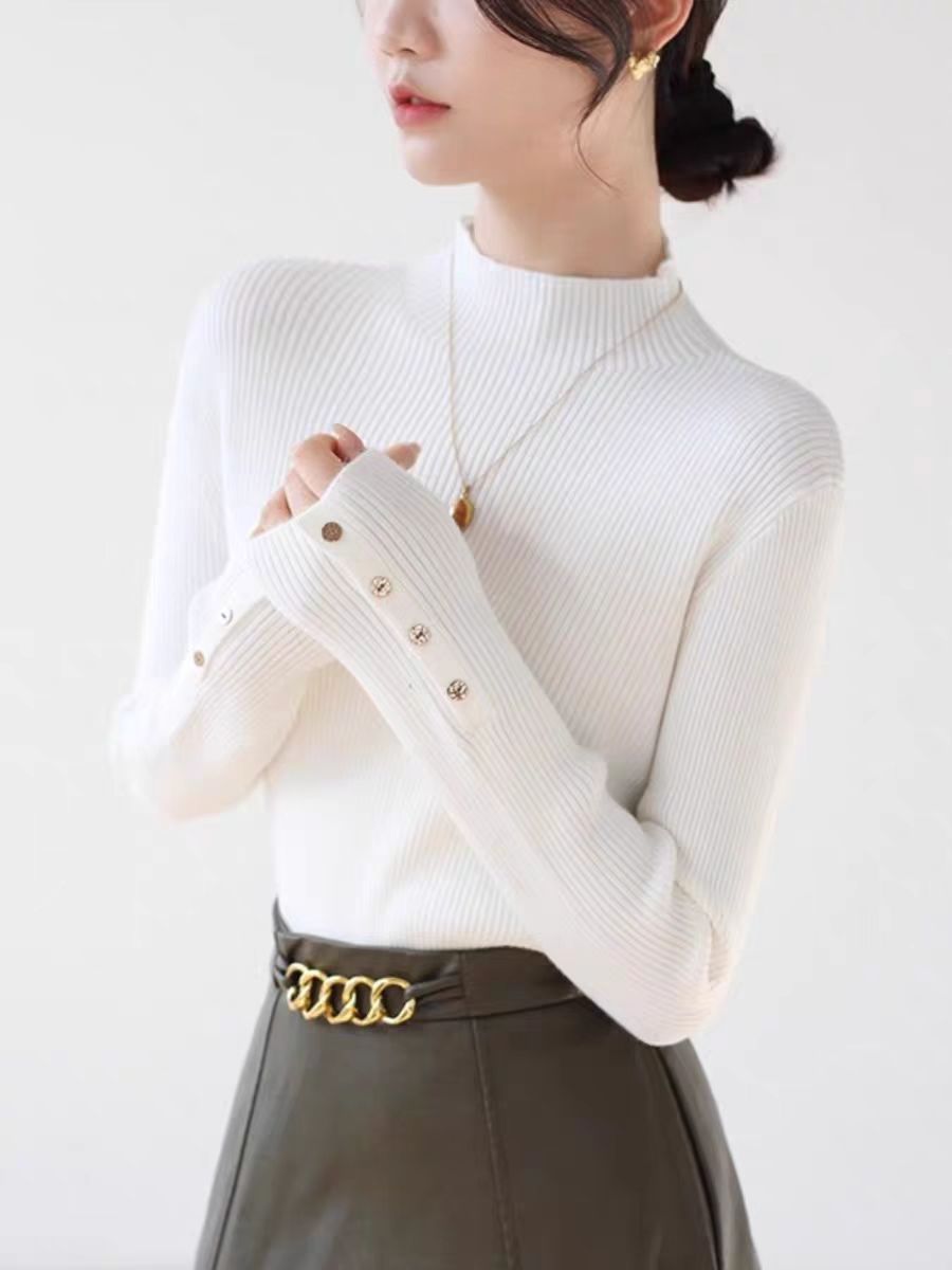 Grey Temperament Semi-high Neck Knitted Women's Autumn Base Shirt