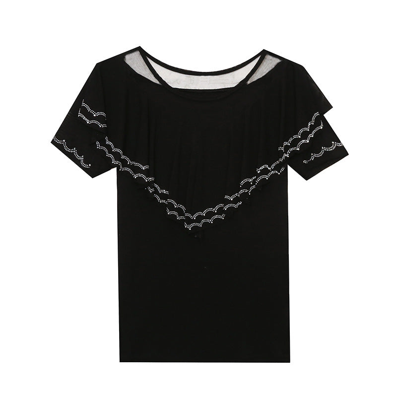 Heavy Embroidery Hot Drilling Fashion V-neck Flounce Diamond Short Sleeve Women