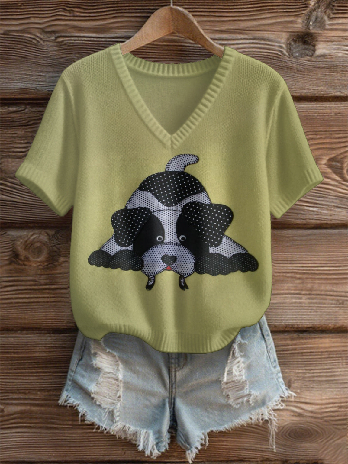Imitation Sweaters Women's Clothing Short Sleeve V-neck Loose Top