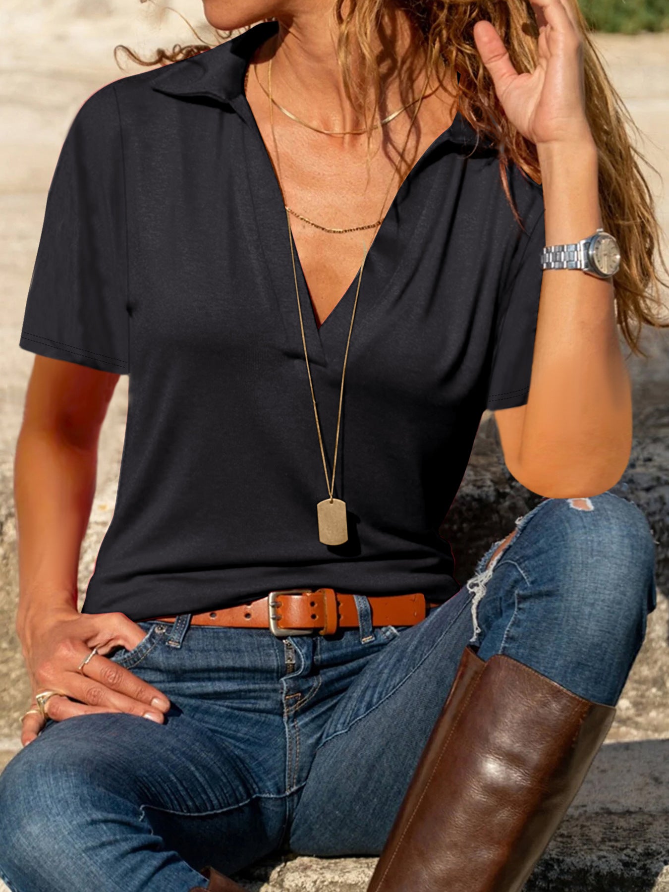 Summer European And American Leisure V-neck Solid Color Polo Collar Short Sleeve Women