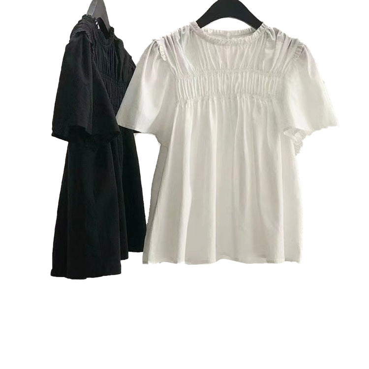 Cute Youth-looking Round Neck Pleated Doll Shirt Short Sleeve Shirt