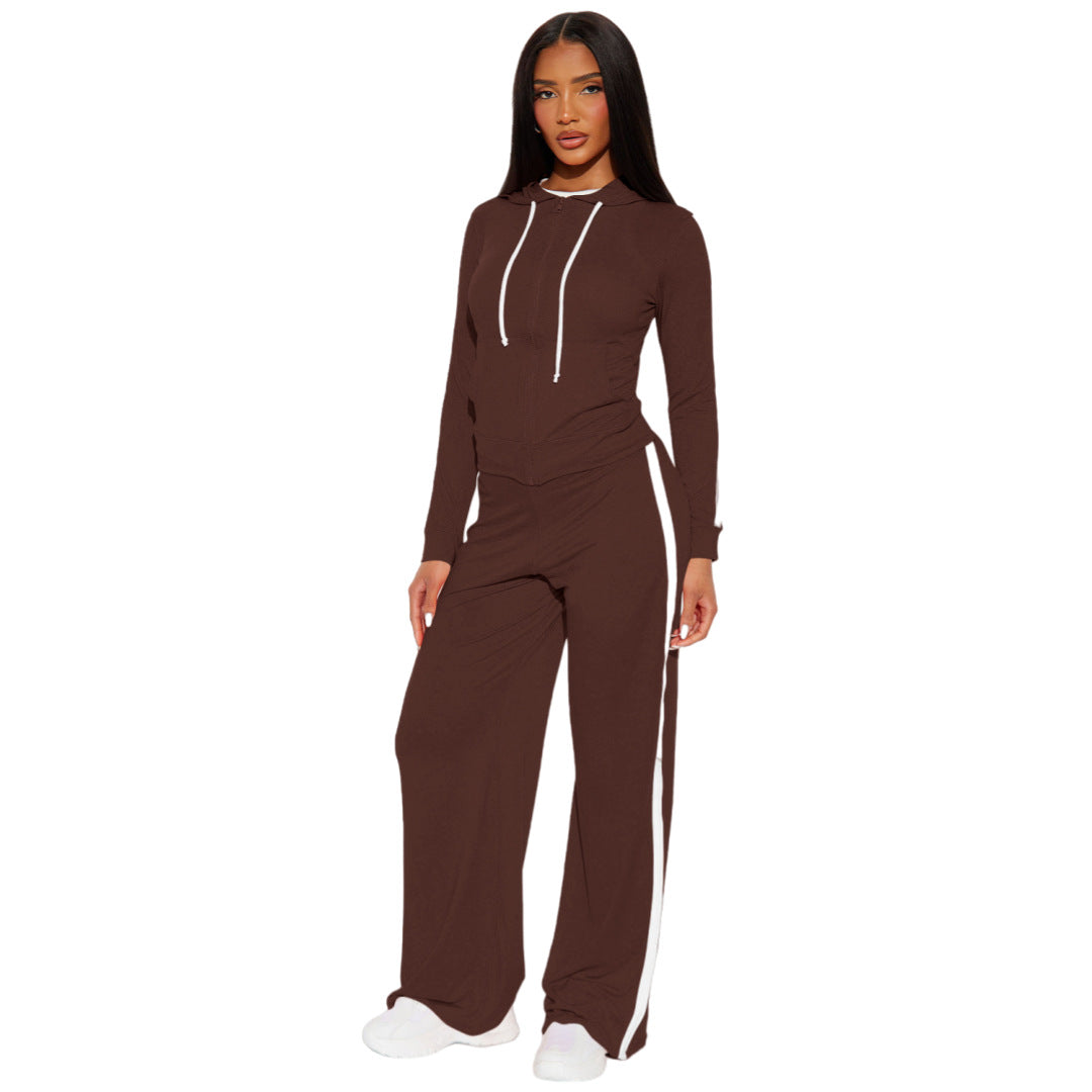 Stylish Color-Block Patchwork Two-Piece Set With A Hooded Top