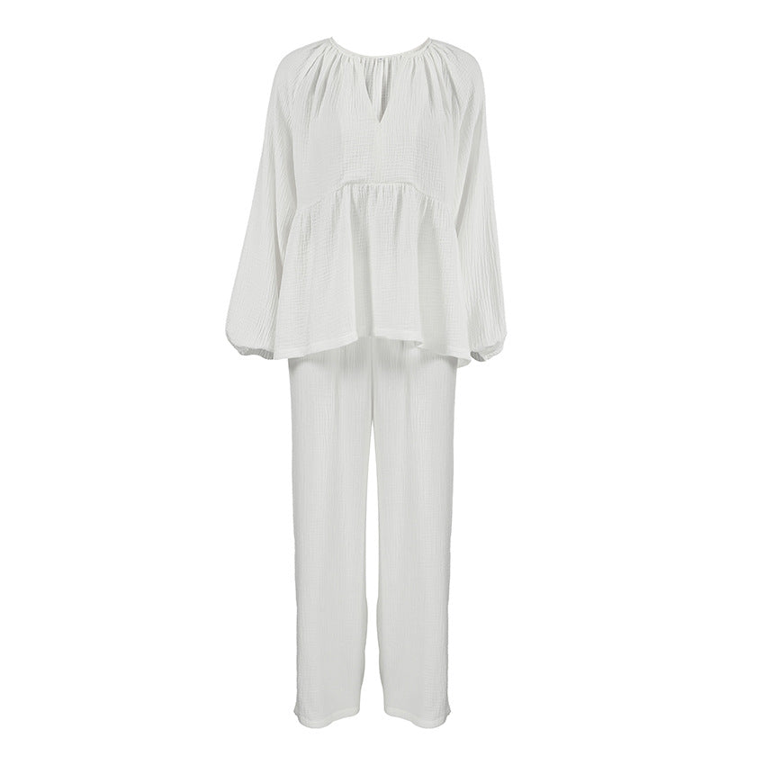 Pure Cotton Comfortable Casual Pajamas Autumn Womens Long-Sleeve Pants Loungewear