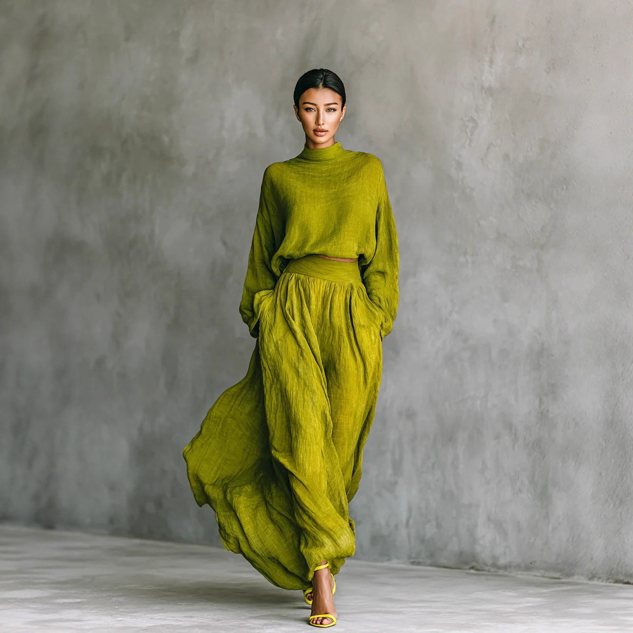 Womens Solid-Color Loose Top And Pocketed Long Skirt Set