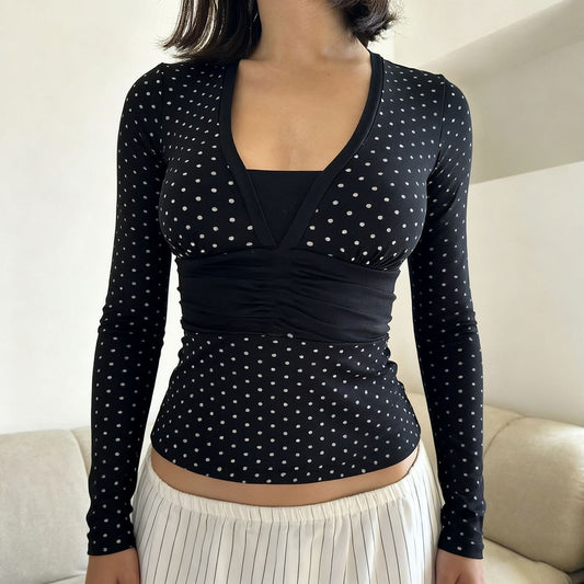 U-neck Slim-fit Low-cut Long-sleeve Faux Two-piece Polka-dot T-shirt
