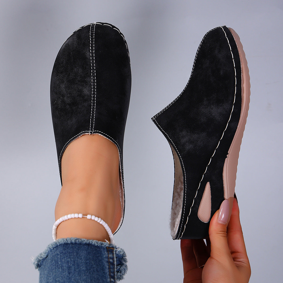 Plus-size Round-toe Fleece-lined Wedge Slippers