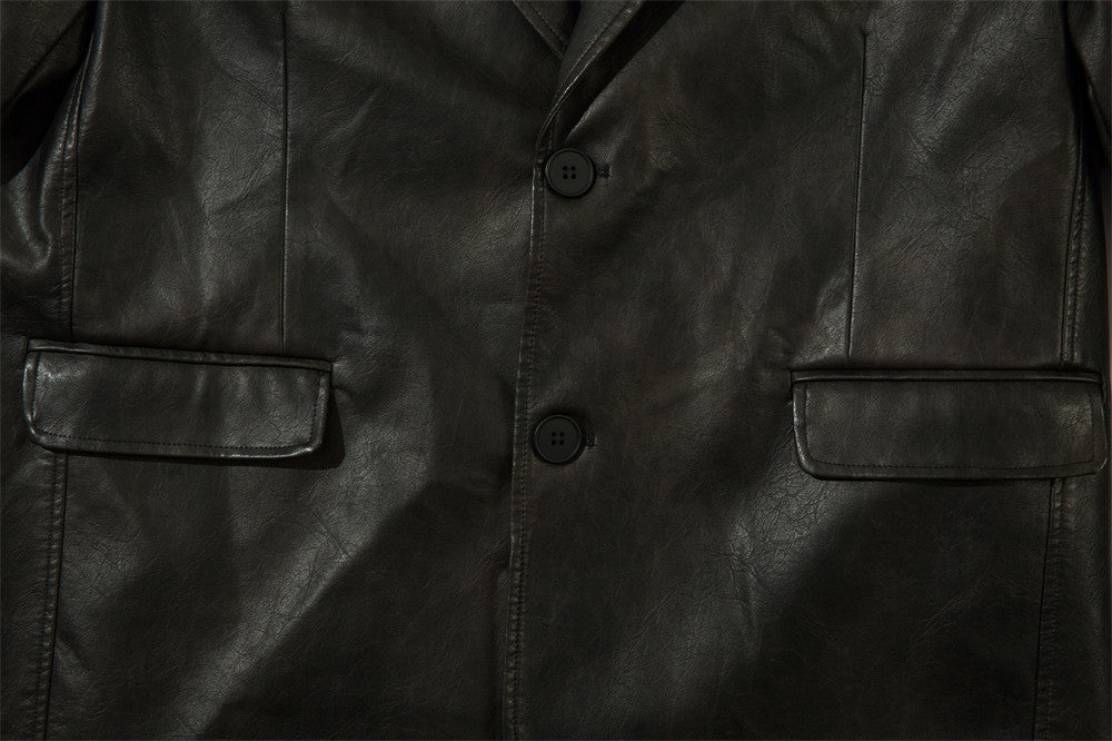 American Solid Color PU Leather Suit Jacket Men