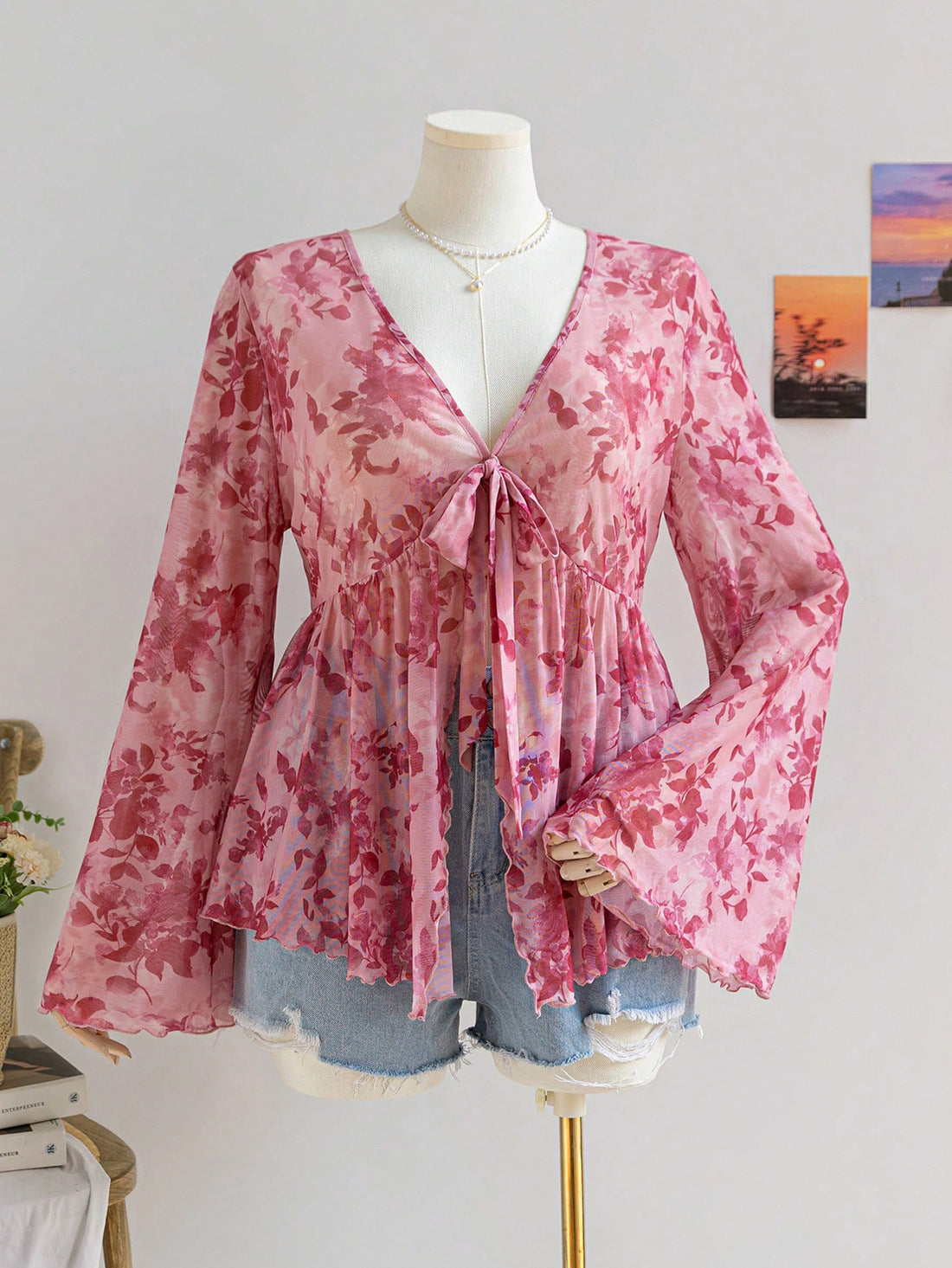 V-hals Mesh Print Ferie Stil Top til Kvinder