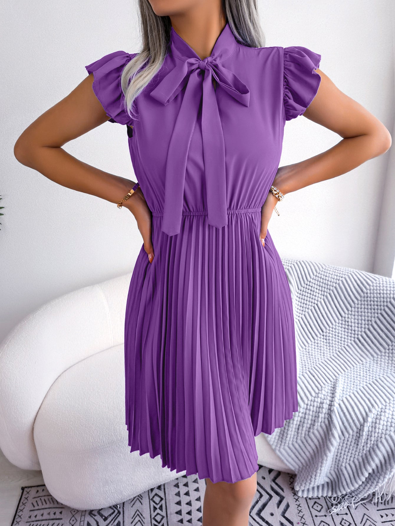 Women's Elegant Tie Waist Flowy Pleated Skirt
