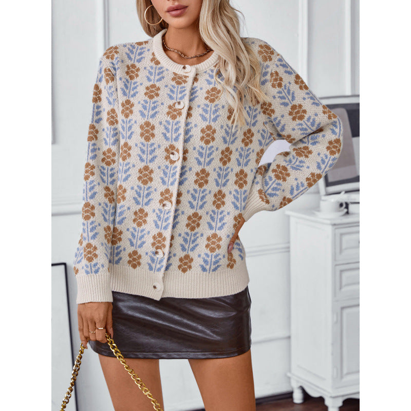 Lady's Flower Jacquard Sweater Cardigan Coat