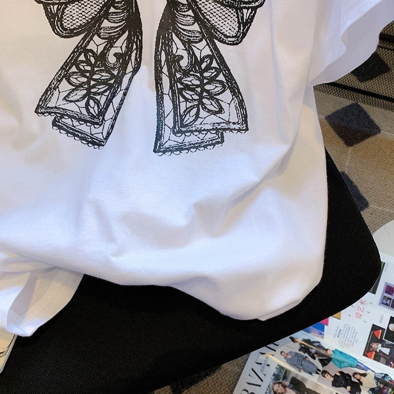 New Women's Fashion Bowknot Printed Short-sleeved T-shirt