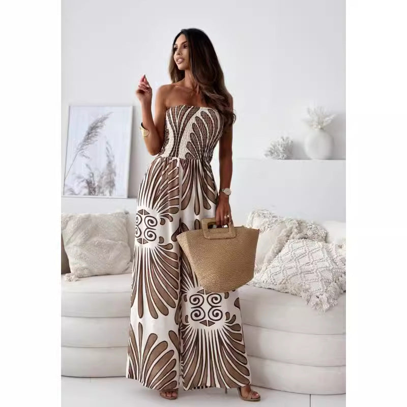 Off-shoulder Tube Top Smocking Fitted Waist Jumpsuit