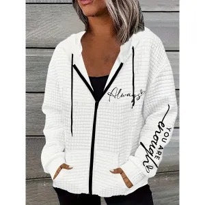 Casual langærmet sweaterjakke med lynlås og hætte til kvinder med print