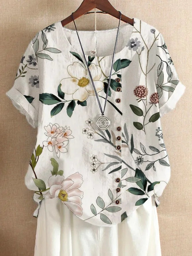 Retro Cotton And Linen Printed Loose Casual Shirt Short-sleeved T-shirt For Women