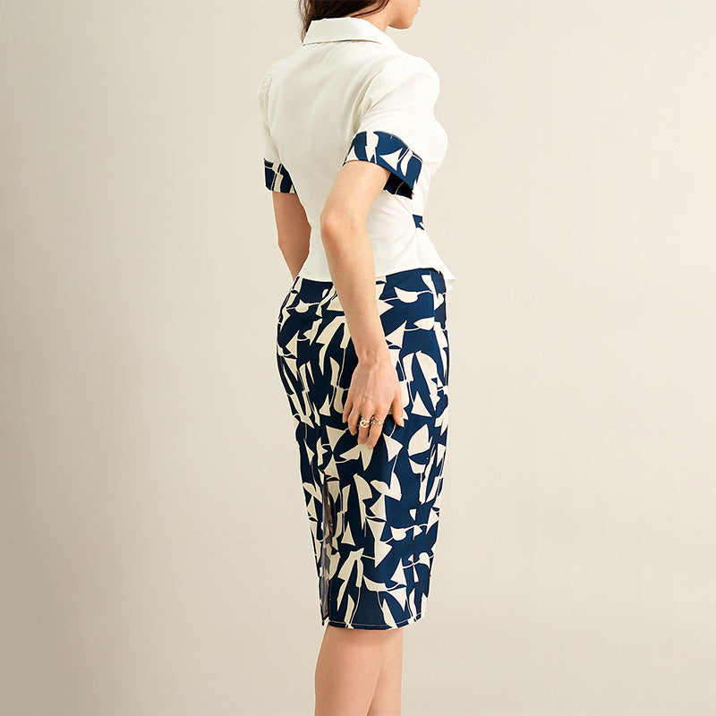 Womens Suit Shirt And Abstract Printed Sheath Midi Skirt Set