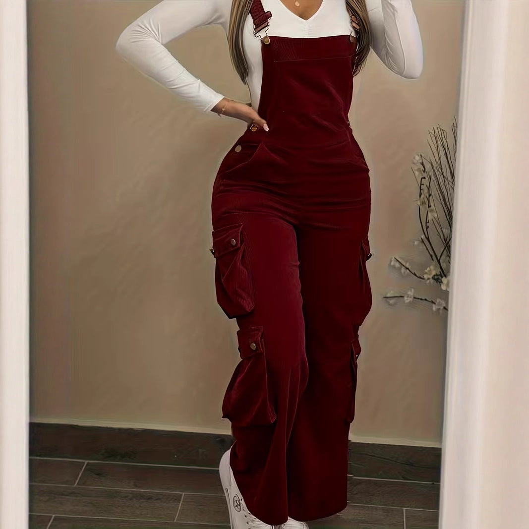 Womens Retro Casual Jumpsuit With Multiple Pockets