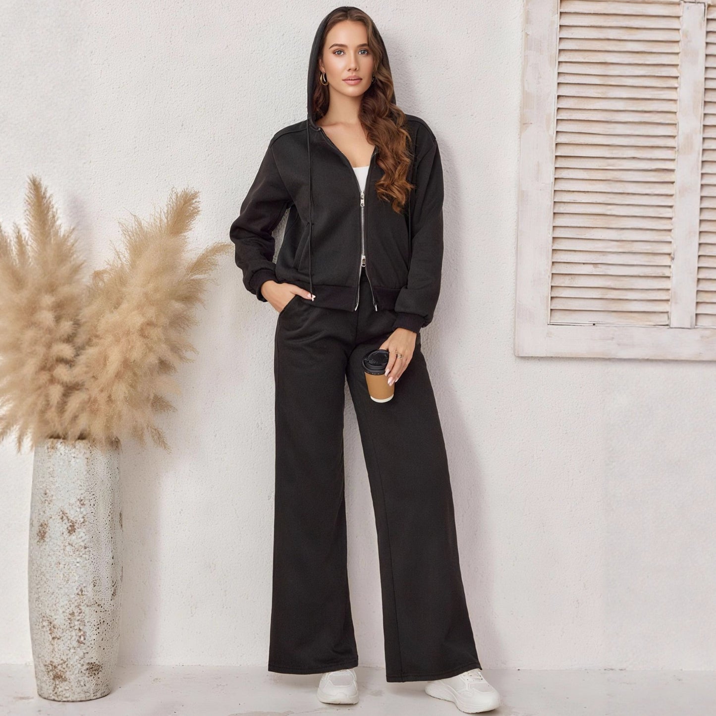 Slim-fit Fleece-lined Hooded Double Zipper Sweater Coat And Trousers Two-piece Set