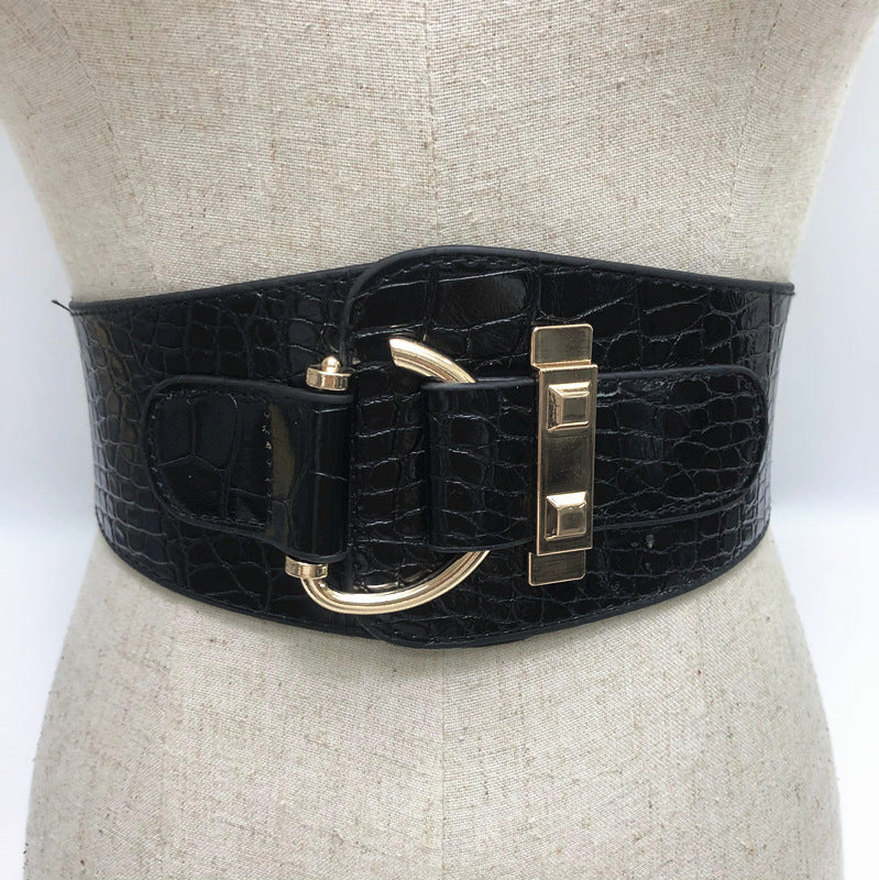 Elastic Wide Pattern Girdle, Patent Leather Women's Metal Buckle Belt