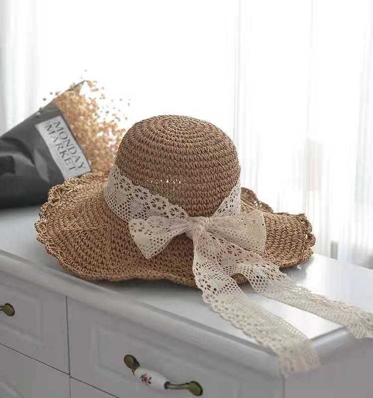 Women's Lace Straw Hat With Bow Hollow Sunscreen