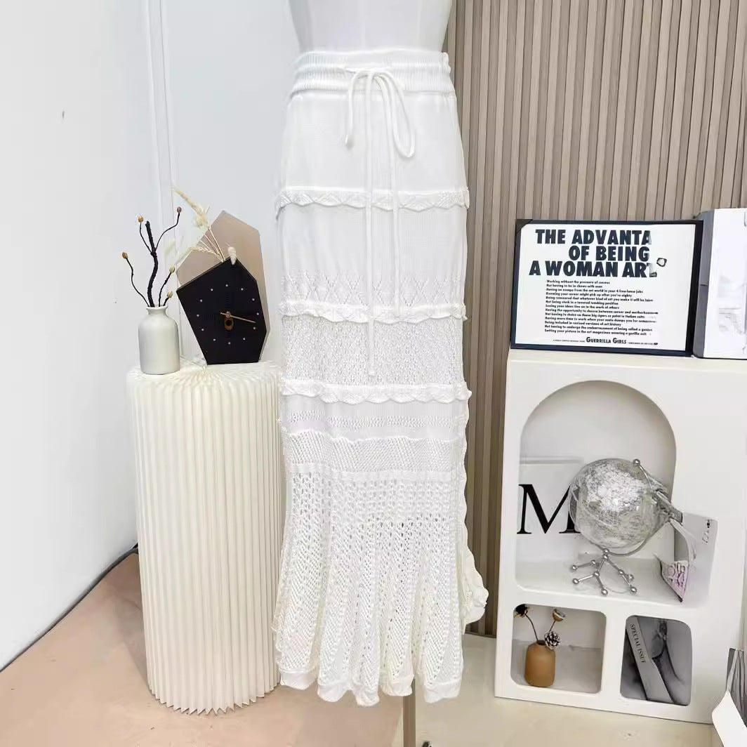 Nanfa Manor Holiday French Style Round Hollow Sling Crocheted Vintage Mid-length Dress Set