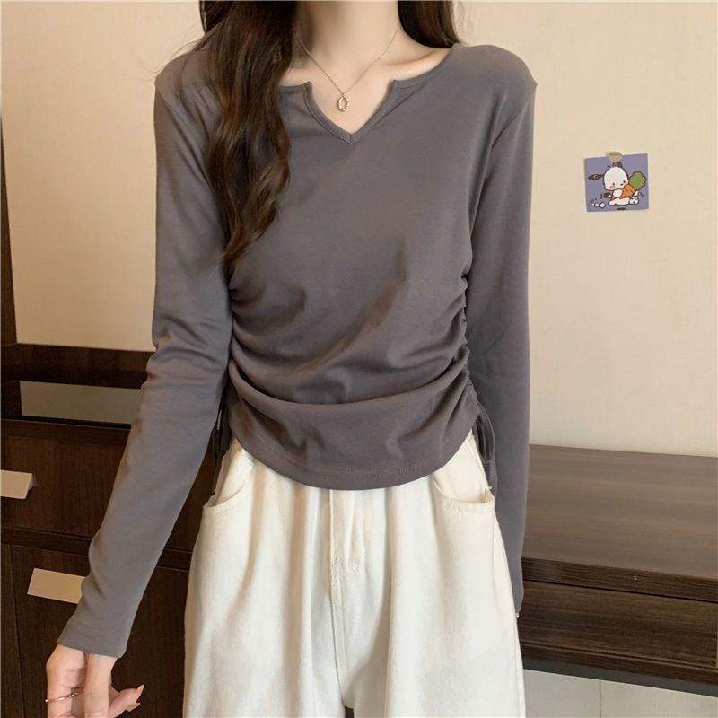 Short Belly Covering Slimming Drawstring V-neck Shoulder T-shirt