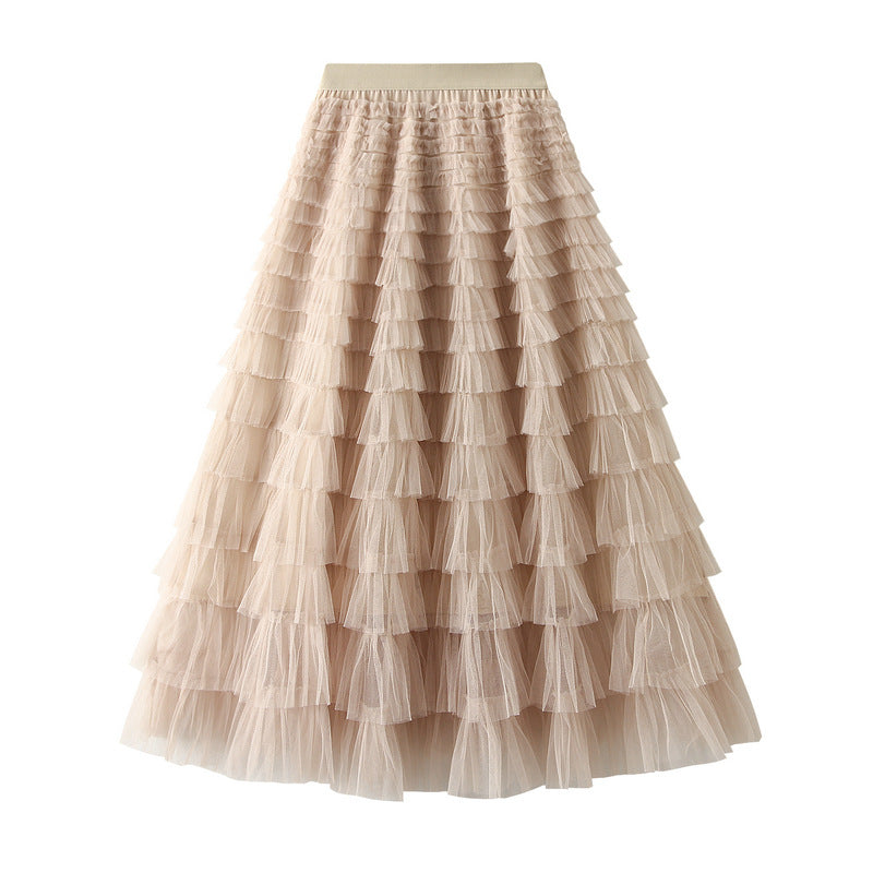 Line Mesh Ruffle Skirt Women's Temperament Sweet Long Skirt Slim Cupcake Dress Womens Clothing