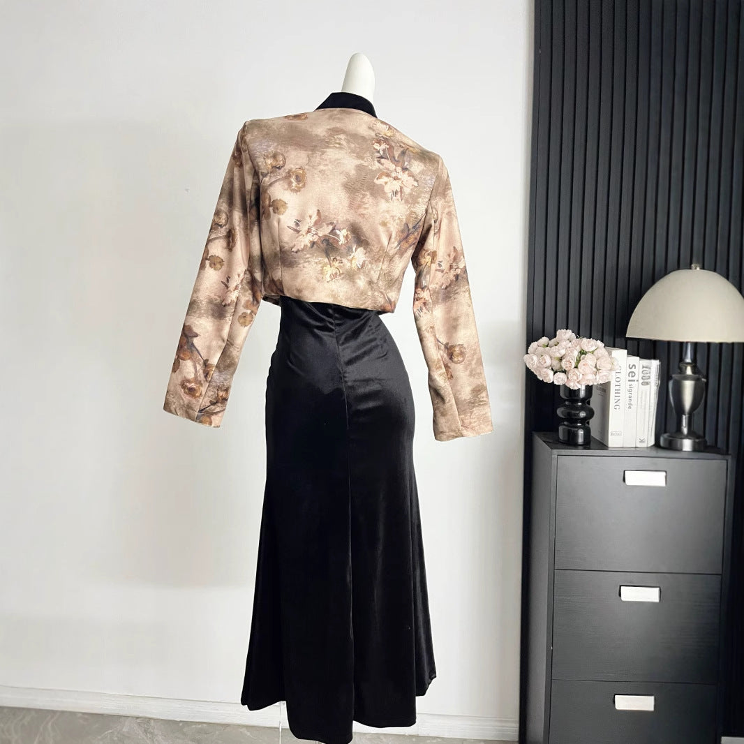 Womens Autumn Two-Piece Set Short Jacket And Suspender Dress