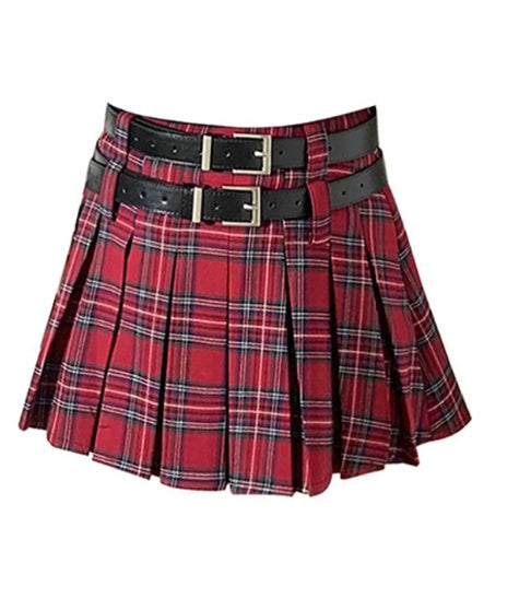 New Little Style Versatile Double Belt Short Skirt Fresh Plaid Pleated