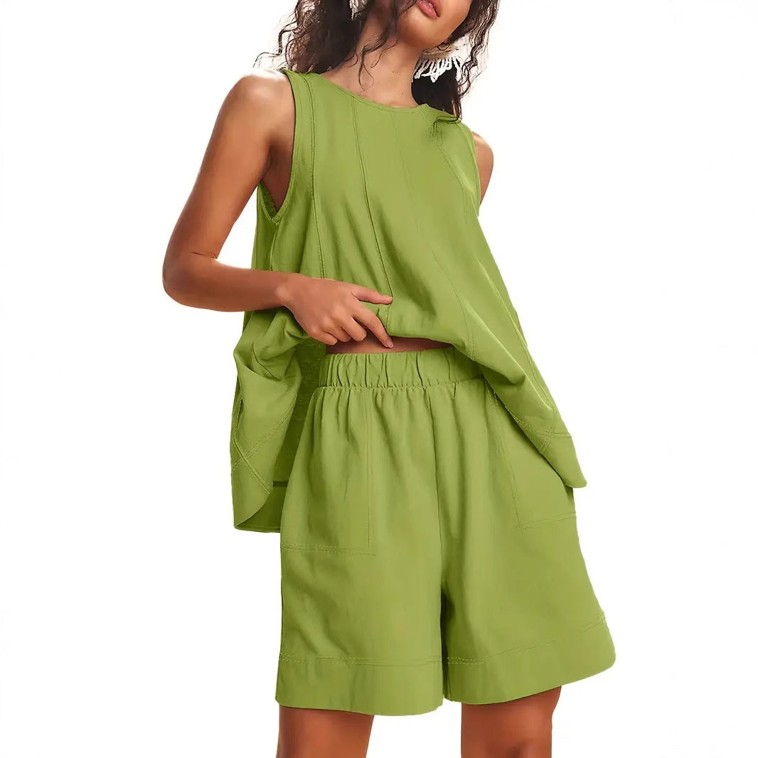 Solid-Color Elegant Crew-Neck Tank Top And Wide-Leg Shorts Set For Women