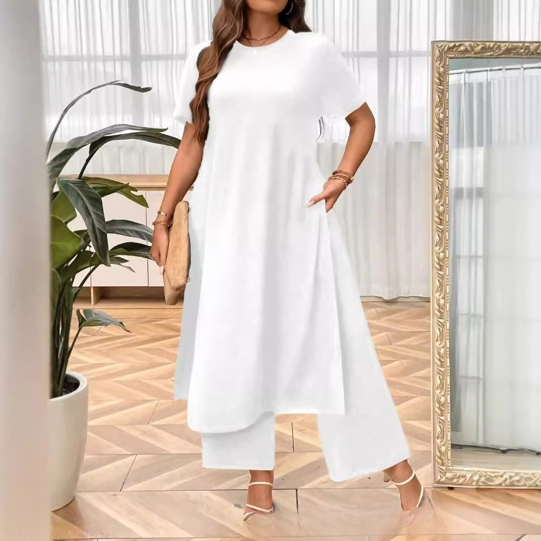 Plus Size Set Slit Top Wide Leg Pants