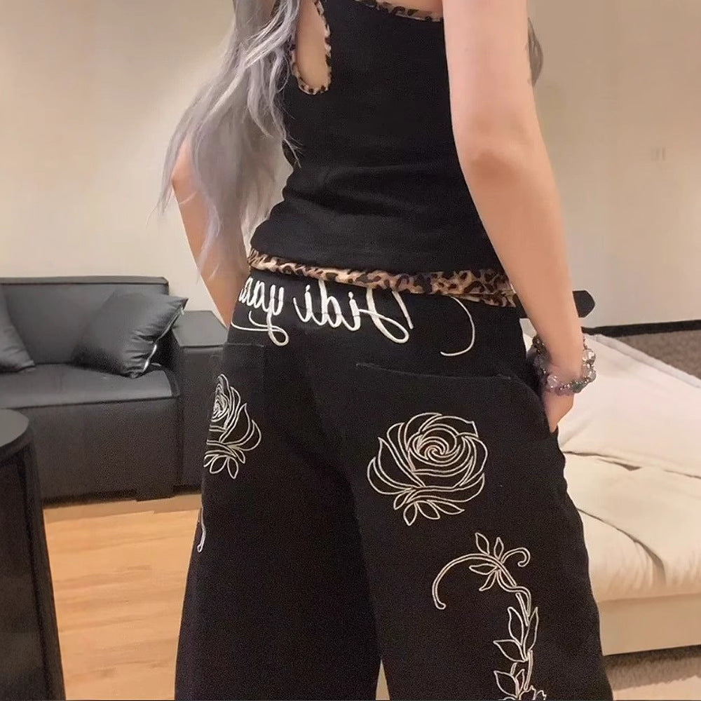 American-style High-street Tomboy Letter And Floral Embroidery Bootcut Jeans